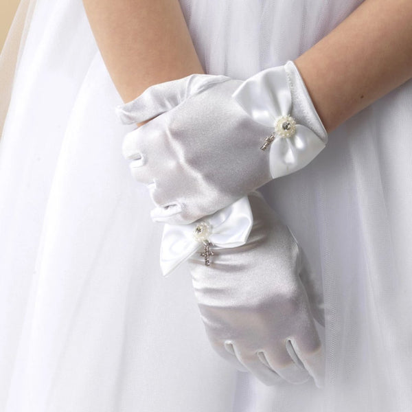 Satin Gloves with Bow & Diamante Cross - Kizzies, Gloves - Childrens Wear
